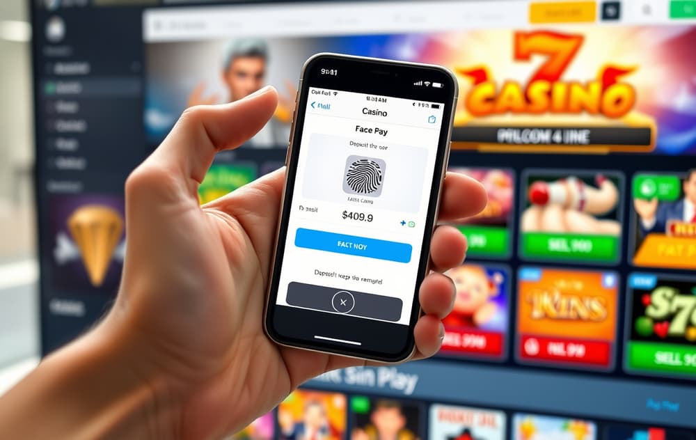 Person som bruker Apple Pay med Face ID på et casino på iPhone