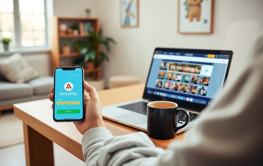 Person med AstroPay-appen på mobilen foran en laptop med et casino-nettside