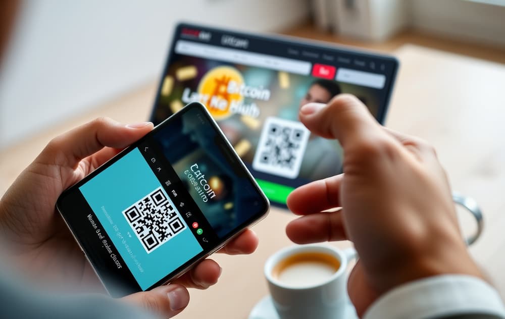Person som skanner QR-kode for Bitcoin-innskudd på et nettcasino.