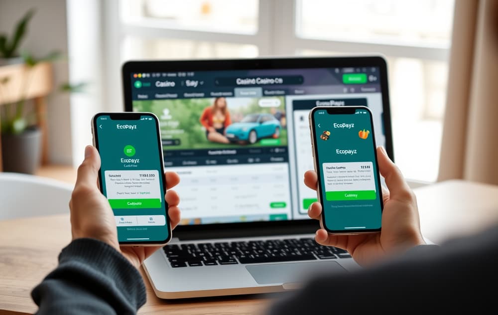 Person med mobil og laptop som viser Ecopayz betaling på et nettcasino