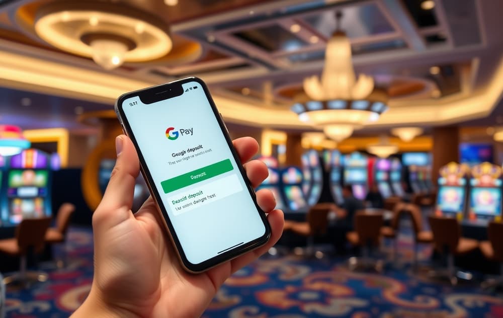 Person med Android-telefon som viser Google Pay-appen med casino-lobby i bakgrunnen.