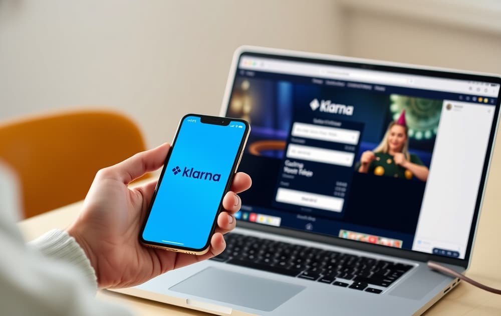 Person som betaler på nettcasino med Klarna-appen på mobilen