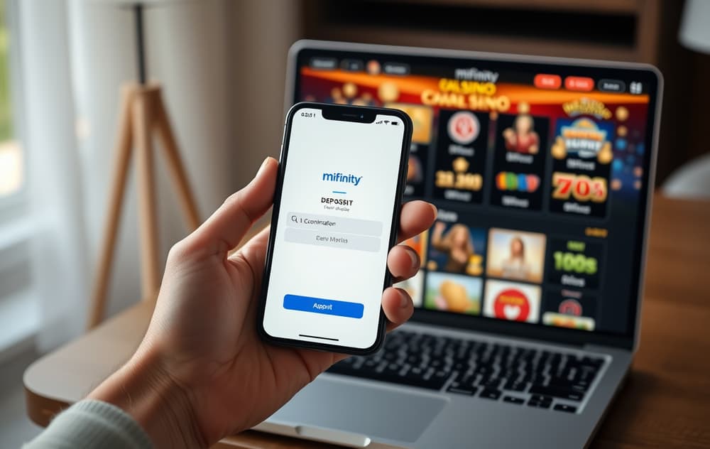 Person som bruker MiFinity-appen for casino-innskudd med laptop i bakgrunnen