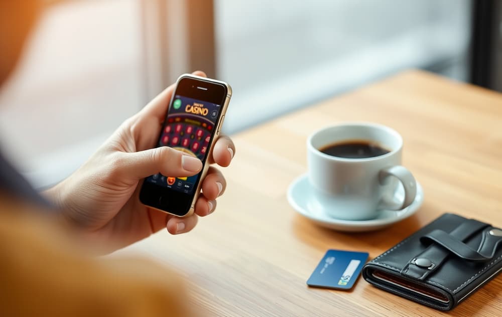 En person som holder en mobiltelefon med et casino-grensesnitt, ved siden av en kopp kaffe og en lommebok.