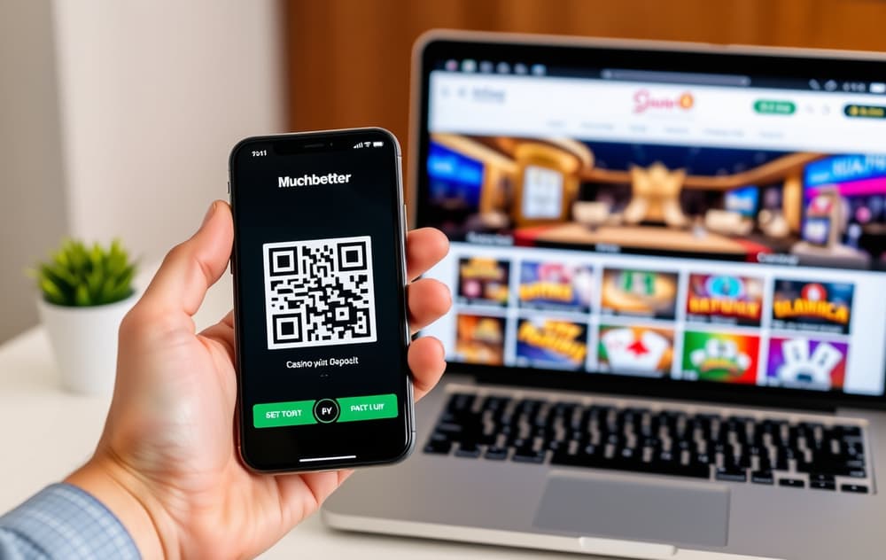Person som bruker Muchbetter-appen på mobil for å sette inn penger på et nettcasino.