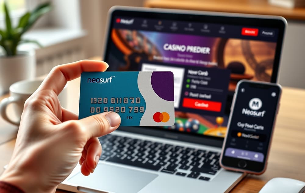 Hånd som holder Neosurf-kupong med PIN-kode, ved siden av laptop med casino-kasse og mobil med MyNeosurf-appen.