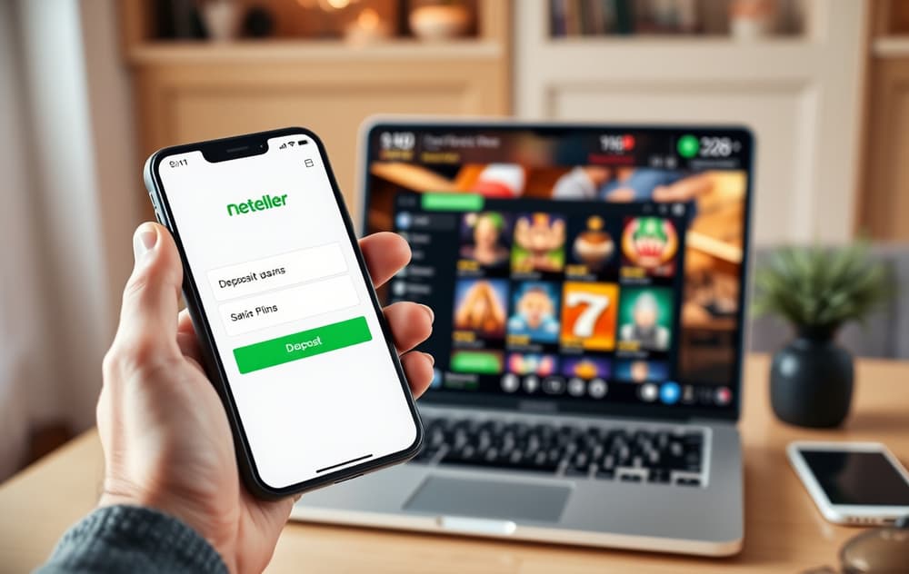 Person som bruker Neteller-appen på mobil for å sette inn penger på et nettcasino.