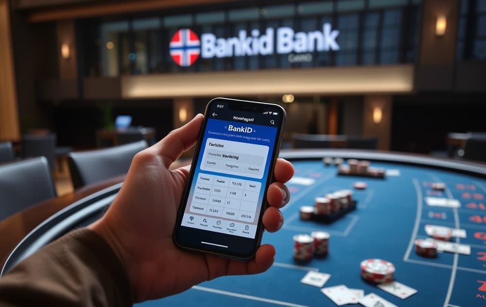 Person med mobiltelefon og BankID-app ved et casino-spillebord med sjetonger og kort.