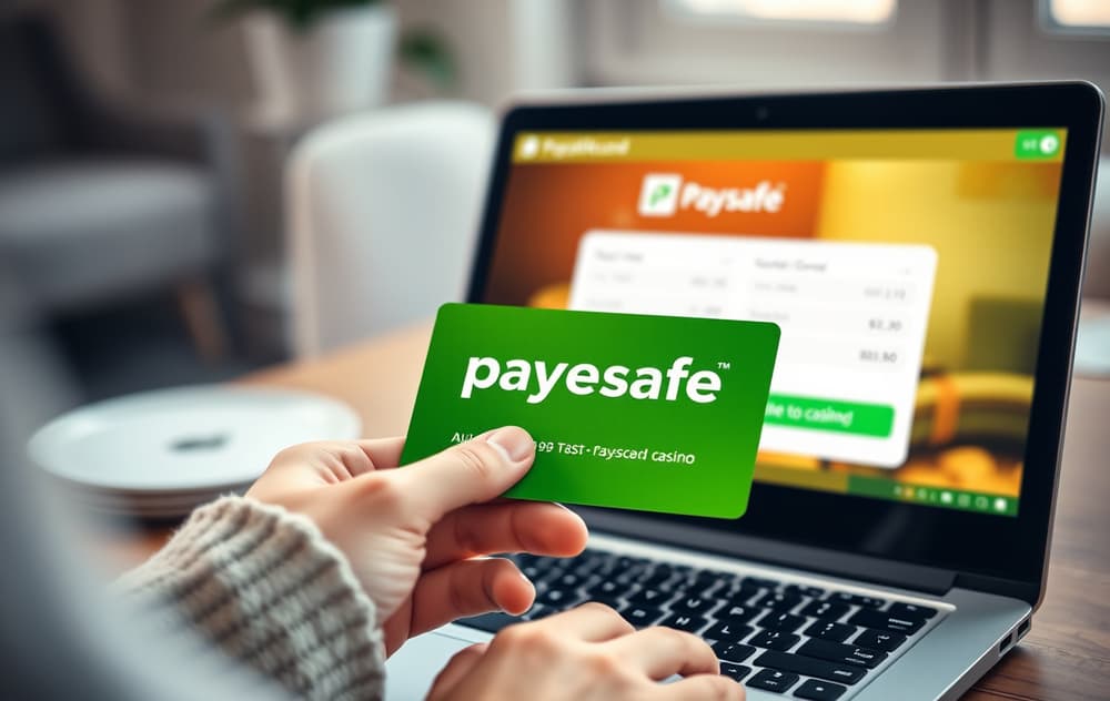 Person som holder et grønt Paysafecard-kort foran en bærbar PC med casino-kasse synlig.