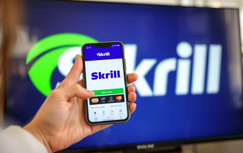 Person som bruker Skrill-appen på mobilen for å sette inn penger på et online casino