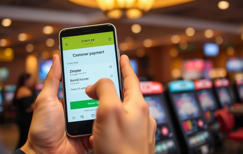 Mobiltelefon med casino-kasse som viser Zimpler som betalingsmetode, BankID-verifikasjon på skjermen