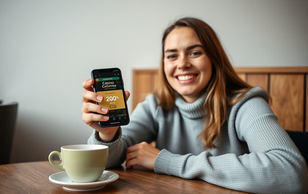 Person med mobil som viser 200 kr gratis bonus på et norsk nettcasino