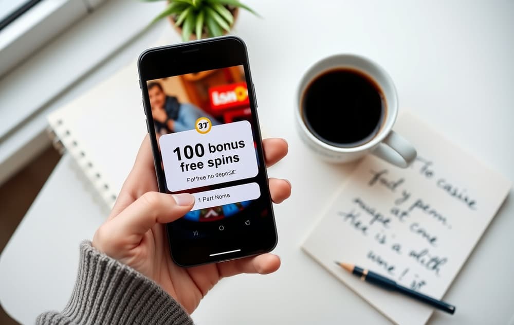 En person med smarttelefon som viser en bonustilbud om gratisspinn uten innskudd, med kaffekopp og notatbok. Moderne norsk hjemmemiljø.