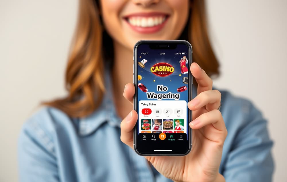 Person med mobil som viser casino-app med 'Ingen omsetningskrav'.