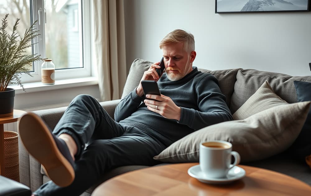 Norsk spiller som sjekker cashback på mobiltelefonen i stuen