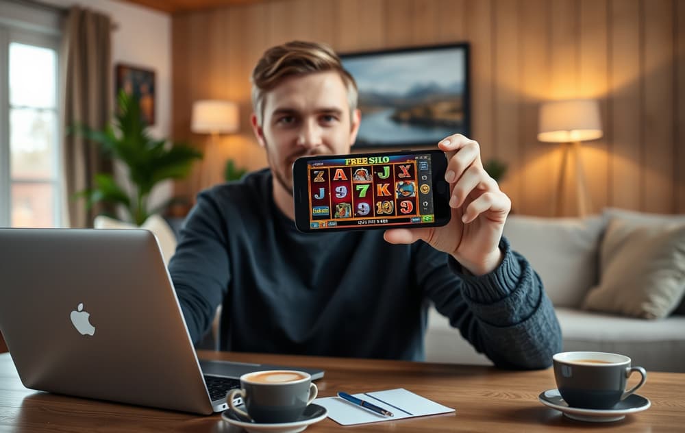 En person sitter ved et skrivebord med en laptop og en mobiltelefon som viser gratisspinn på en spilleautomat.