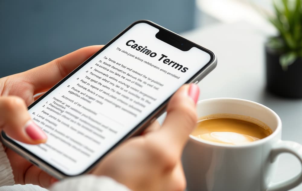 Person leser casino bonusvilkår på mobiltelefon