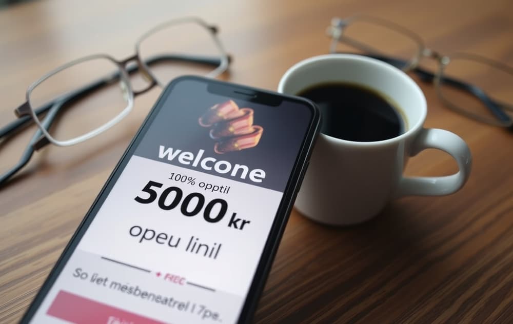 Smarttelefon med velkomstbonus-tilbud på norsk, kaffekopp og briller på trebord