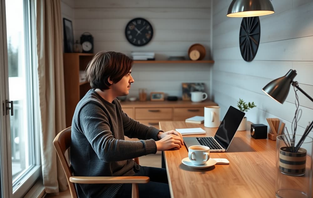 En person sitter ved et bord og ser på en mobiltelefon med et nettcasino, norsk hjemmekos
