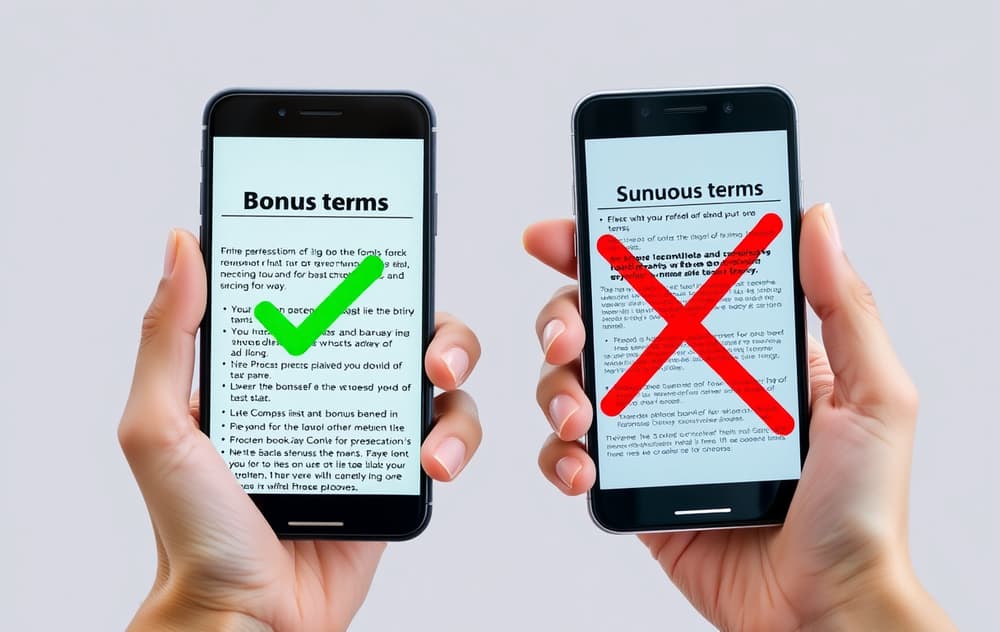 To hender sammenligner to mobiler med bonusvilkår, en med grønt kryss og en med rødt