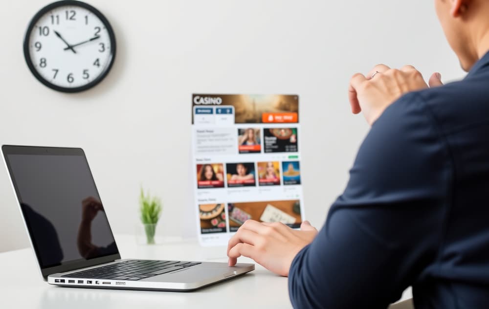 En person som klør seg i hodet mens de ser på en laptop med et nettcasino og en kalkulator