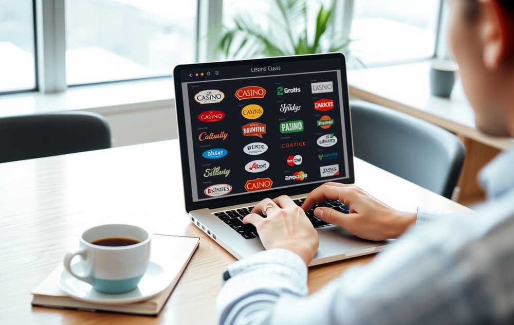 En person som ser på en liste over casinoer på en laptop