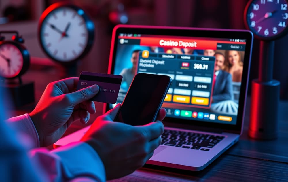 Person med kredittkort og mobiltelefon foran en dataskjerm med casinoinnskudd, klokke i bakgrunnen