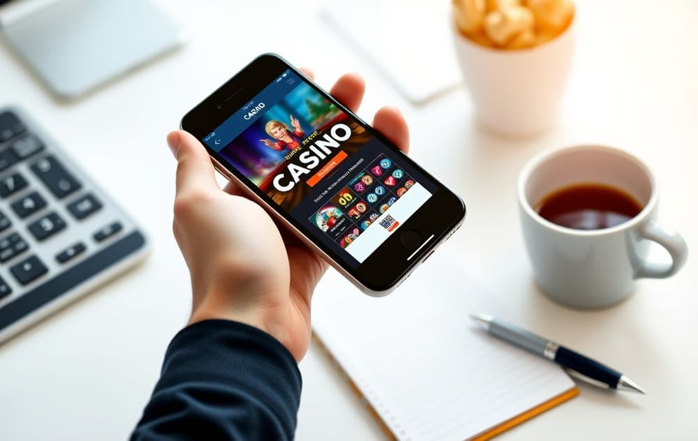 Person som holder mobiltelefon med casino-nettside og lisensmerke synlig, på et skrivebord med kaffekopp og notatblokk.