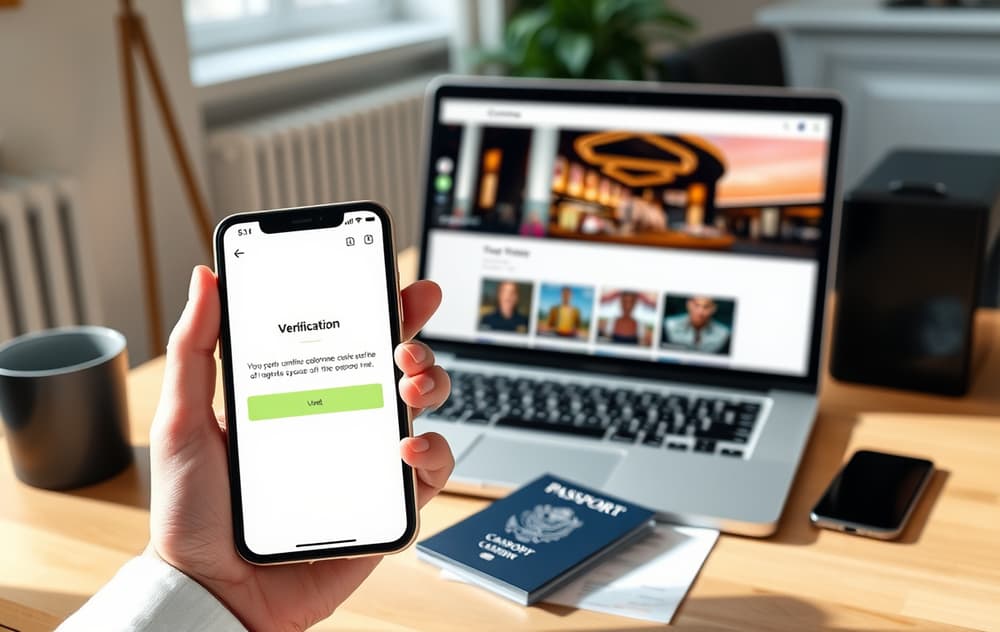 Person som verifiserer casino-konto med pass og strømregning på mobilen
