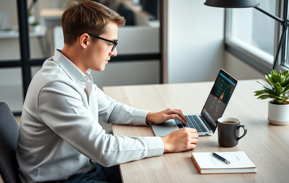 En person som velger casino ved å sjekke lisensinformasjon på en laptop, med kaffekopp og notater.