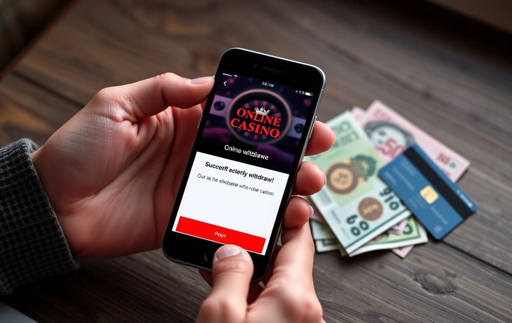 En person som holder en mobiltelefon med en melding om vellykket uttak fra et nettcasino, sedler og kredittkort synlig, redaksjonell stil, realistisk.