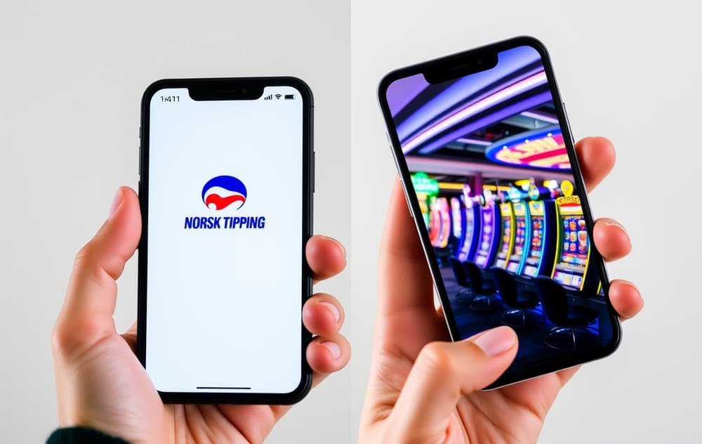 Sammenligning av Norsk Tipping-app og nettcasino på to mobiler, holdt i én hånd.