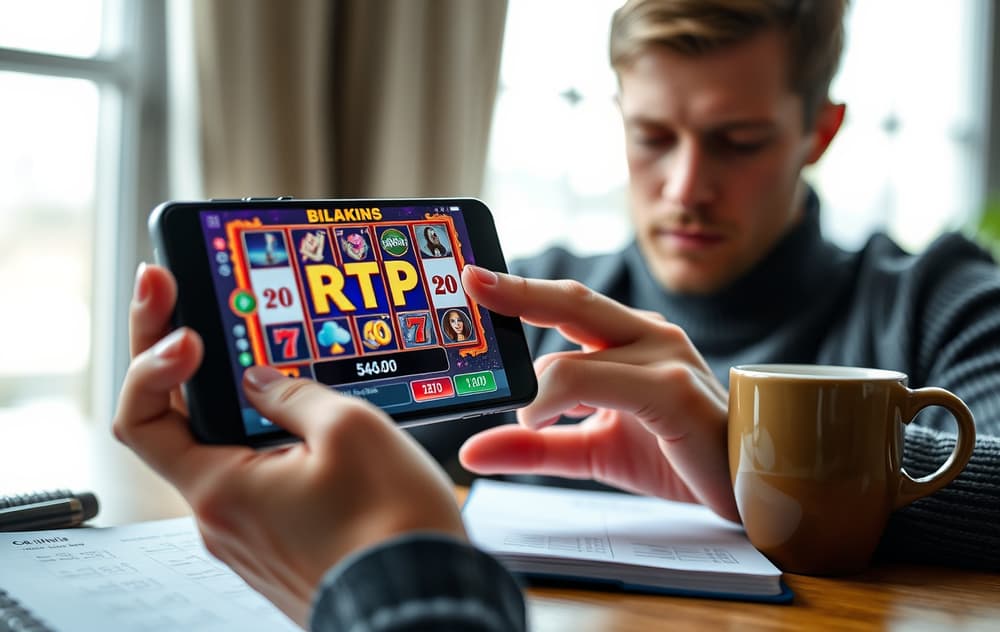 Person som analyserer RTP-prosenten på en spilleautomat på mobilen, med notatblokk og kaffekopp ved siden av – bilde som illustrerer ansvarlig spilling og tallfokus.