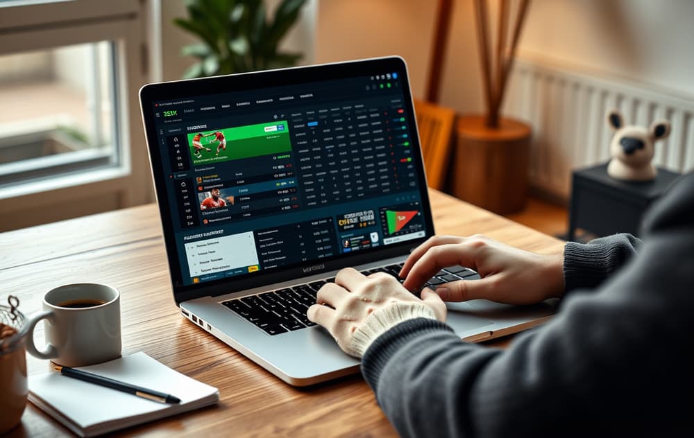 Person som sammenligner bettingsider på laptop med notater