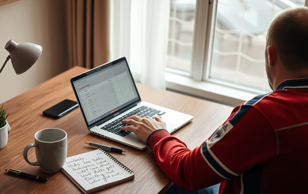 En person som sammenligner bettingsider på en laptop med odds og kaffekopp