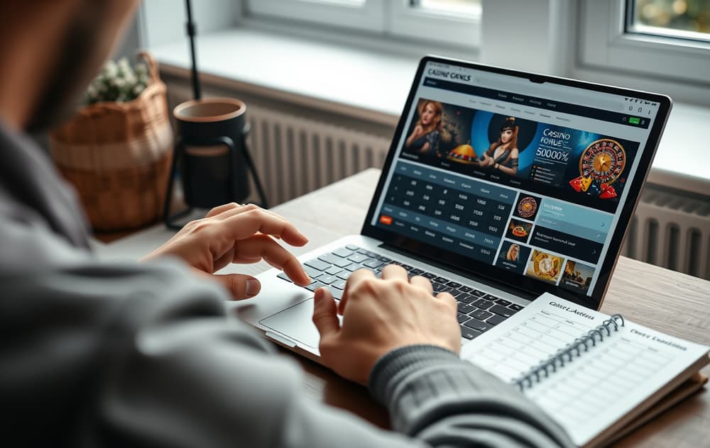 En person sitter ved et skrivebord og ser på et casino med lavt innskudd på en laptop, med notater og kaffekopp