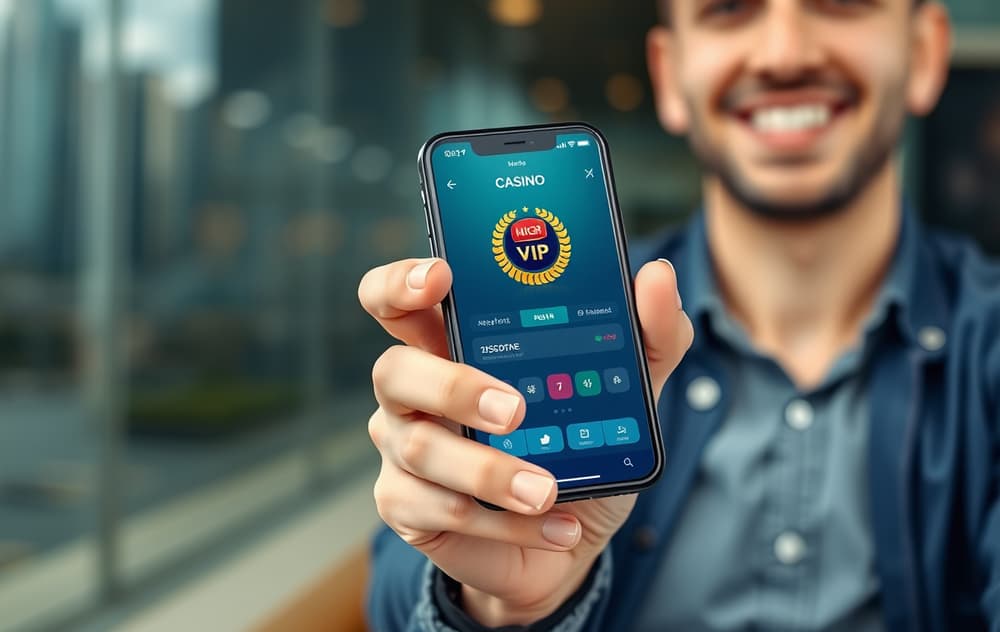 Highroller Casino lobby med mørkt treverk og gullaksenter, smarttelefon med casinospill på bordet.