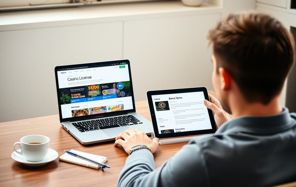 Person ved skrivebord med to skjermer som viser kryptocasino, Bitcoin-mynter på bordet, moderne norsk interiør