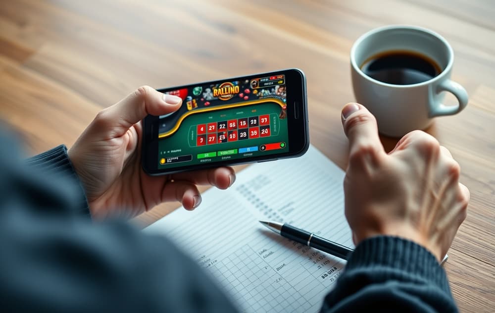 Person som spiller på mobilcasino i stuen, med kopp kaffe på bordet.