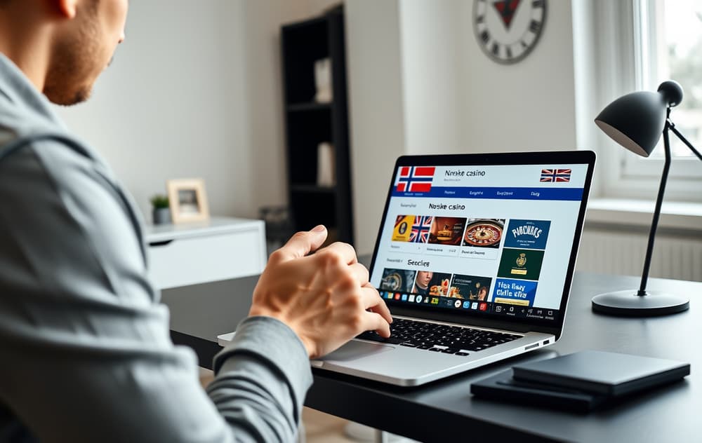 En person sitter ved en pult og sammenligner norske casinoer på en bærbar PC, med kaffekopp og utsikt over fjord.