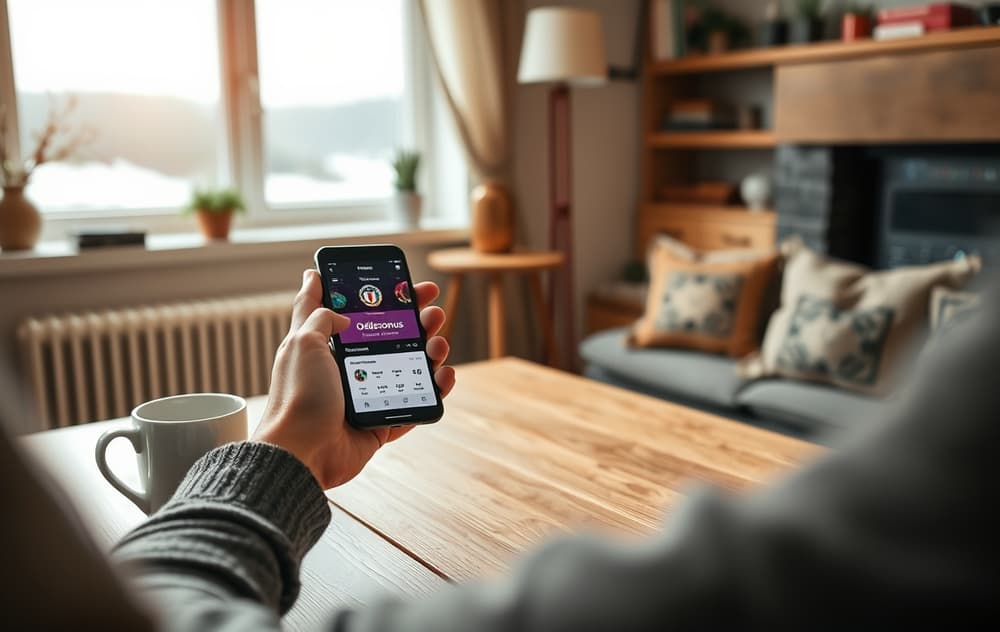 Person som sitter ved skrivebord og sammenligner oddsbonuser på laptop og mobil med Vipps synlig.
