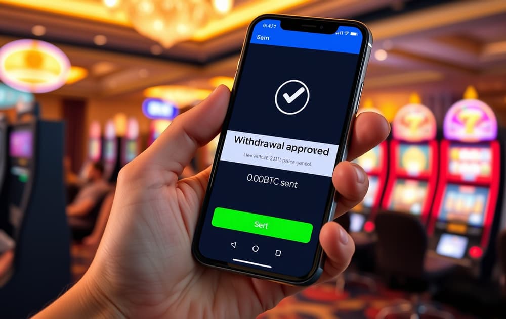 Person med mobil som viser bekreftelse på raskt uttak av 52 000 NOK på 6 minutter, med Bitcoin-symbol og digital lommebok.