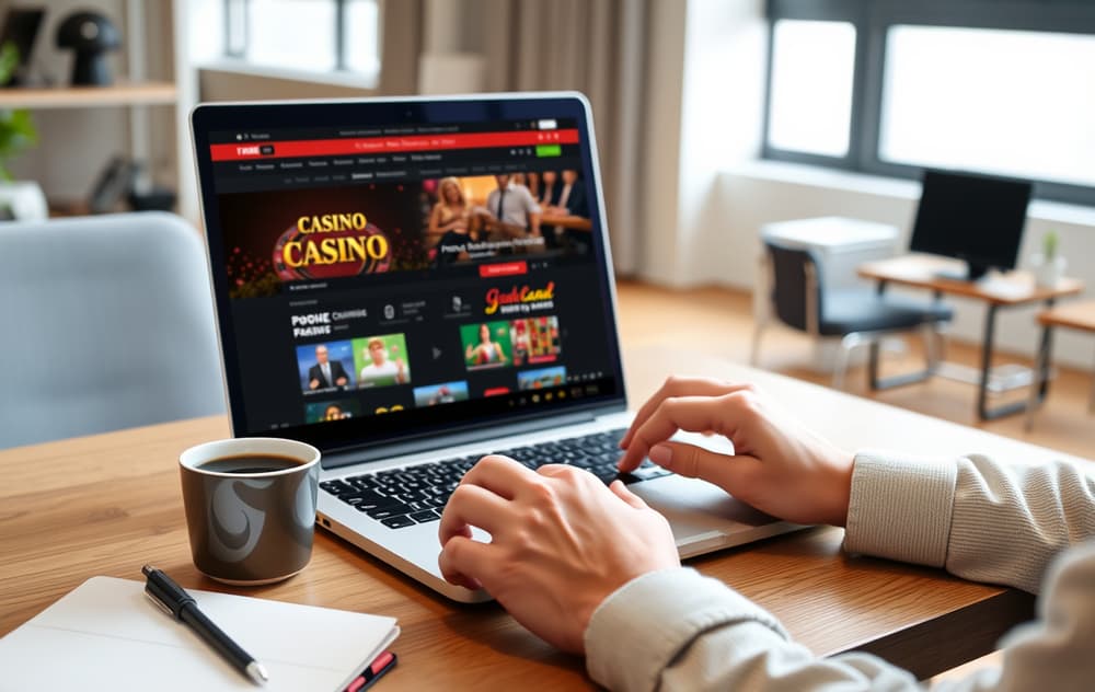Person som sjekker et utenlandsk casino på laptop med lisensmerke synlig