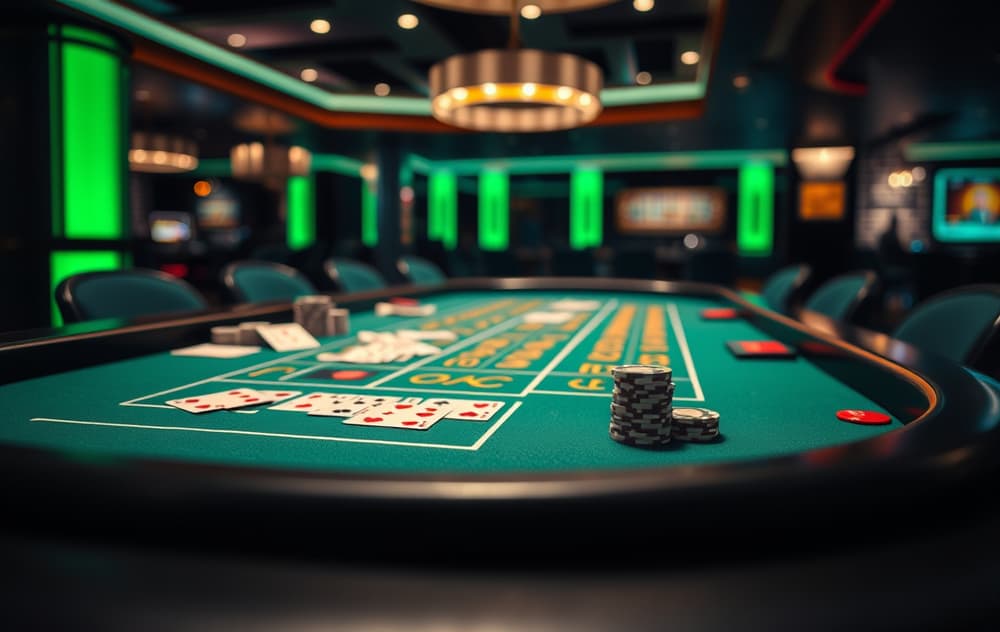 Live baccarat-bord med dealer og kort i et moderne casino