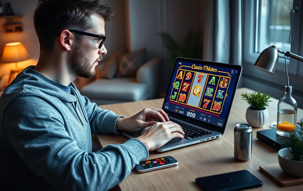 Norsk person spiller casinospill på nett fra sofaen med en kopp kaffe og en brosjyre om ansvarlig spilling.