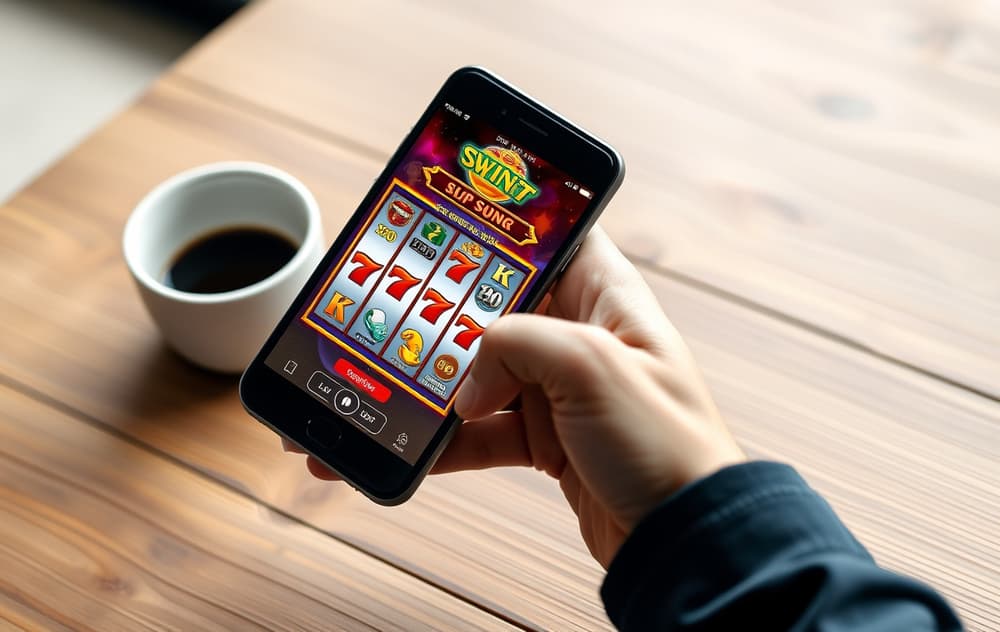 En person spiller en gratis spilleautomat på mobilen i en stue, kaffekopp på bordet.