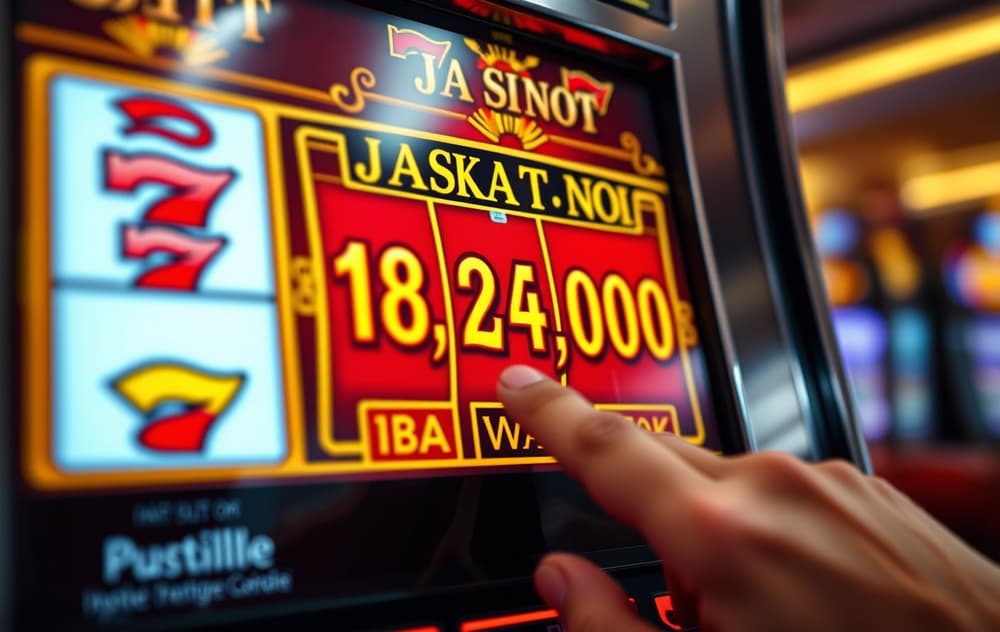 Spilleautomat med lysende jackpot-skilt i rødt og gull