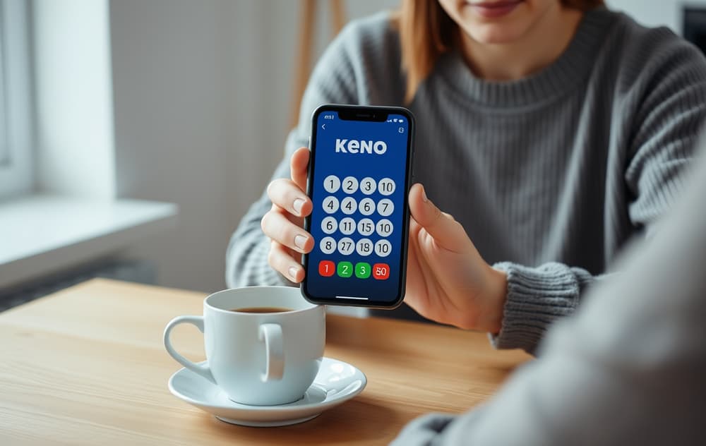 Spiller som studerer Keno-resultater på mobiltelefon ved et bord